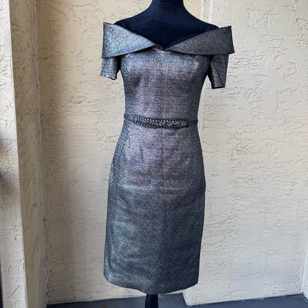 Teri Jon Iridescent Off-Shoulder Midi Dress